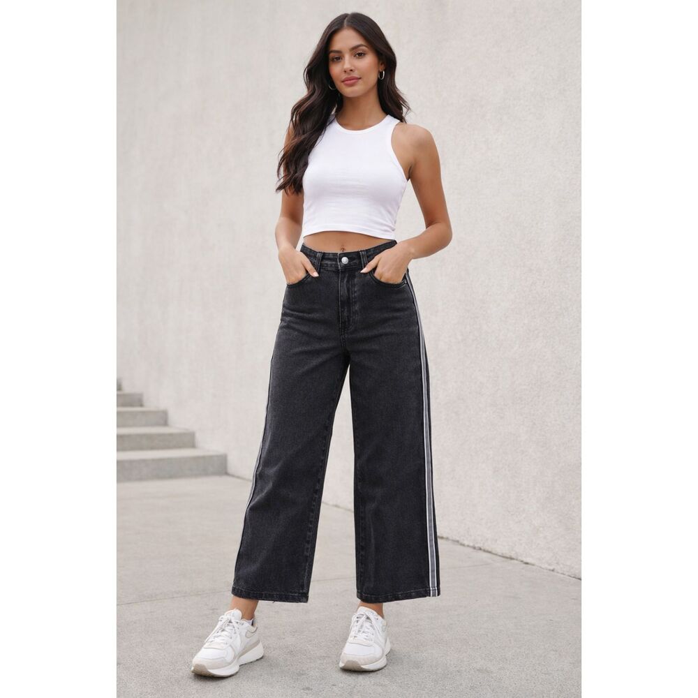 HOLLISTER Black High Rise Cropped Wide Leg Lines Relaxed Denim Jeans Womens 26